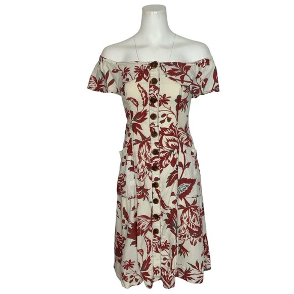 Anthropologie Oahu Dress 00P Petites Hawaiian Floral Midi Off The Shoulder - Picture 1 of 13